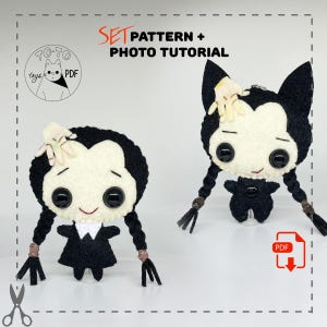 May include: A set of two felt doll patterns for making a black-haired girl doll and a black-haired boy doll. The patterns include a photo tutorial and are available as a PDF download. The dolls have black hair, white skin, and black clothing. The dolls are wearing black dresses and black pants. The dolls have black eyes and red lips. The dolls are holding their hands up to their heads. The dolls are standing on a white background. The text "SET PATTERN + PHOTO TUTORIAL" is written in red letters on a white background. The text "TO-TO toys PDF" is written in black letters on a white background.