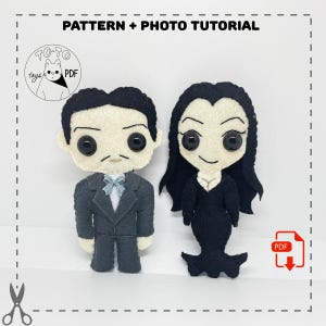 May include: A felt craft pattern for making a pair of Addams Family characters, Gomez and Morticia. The pattern includes a photo tutorial and is available as a PDF download.