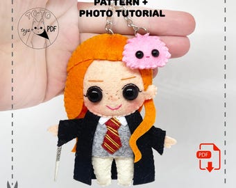Magic School Girl Felt Doll Pattern. Red-Haired Wizard Student Plush (PDF)