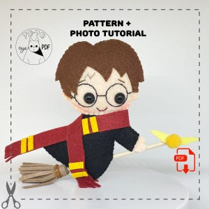 May include: A felt Harry Potter doll with glasses, a red and gold scarf, and a broomstick with a golden snitch. The doll has brown hair and is wearing a black robe. The image includes the text "PATTERN + PHOTO TUTORIAL".