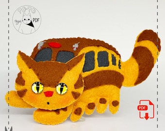Felt animal craft pattern. Orange cat and bus easy pattern. Pattern for beginer. Sewing pattern.