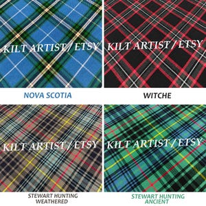 Könnte beinhalten: Vier Stoffmuster mit Tartanmustern. Oben links blau, grün und weiß, beschriftet mit "Nova Scotia". Oben rechts schwarz, rot und weiß, beschriftet mit "Witche". Unten links braun, rot und gelb, beschriftet mit "Stewart Hunting Weathered". Unten rechts grün, blau und rot, beschriftet mit "Stewart Hunting Ancient."