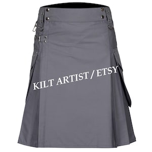 Scottish Handmade Gray 100% Cotton Utility Kilt - Two Side Detachable Pockets - Men&#39;s Modern Utility Kilt - Custom Size Kilt