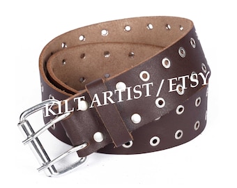 Scottish Brown Leather Kilt Belt - Real Leather 2 Inches Wide Kilt Belt - Brass Eyelets - Double Prong Buckle - Custom Size