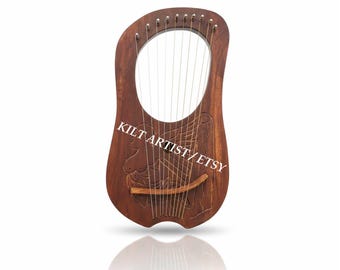 Rosewood Lyre Harp - Lady Design, Handcrafted 10-String Wooden Instrument with Metal Strings, Tuning Key & Carry Bag