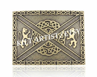Scottish Rampant Lions Kilt Belt Buckle - Made of Brass Antique Metal - Size 3.5 x 2.5 - Premium Handmade Kilt Belt Buckle