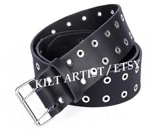 Scottish Black Leather Kilt Belt - Real Leather 2 Inches Wide Kilt Belt - Brass Eyelets - Double Prong Buckle - Custom Size