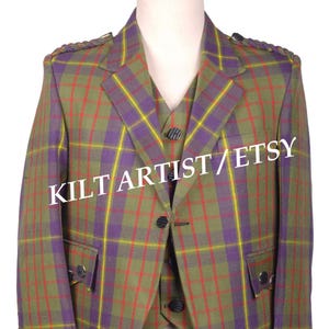 May include: A three-piece plaid suit in shades of green, purple, red, and yellow. The jacket has a two-button closure, flap pockets, and decorative buttons on the cuffs. The vest has a three-button closure. The text "KILT ARTIST / ETSY" is visible.