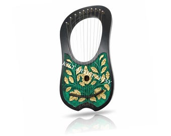Rosewood Lyre Harp 10-String Celtic Musical Instrument - Metal Strings, Golden Flower Design, Tuning Key & Spare Strings