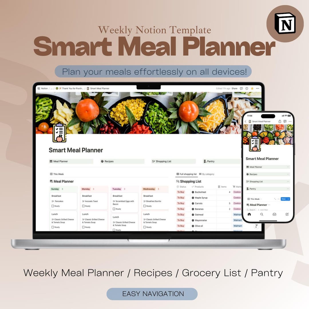Notion Smart Meal Planner | Weekly Meal Plan, Grocery List & Recipe ...
