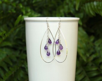 Amethyst Hoop Earrings, Gold Filled, Sterling Silver, Amethyst Hoops, Lightweight Teardrop Hoops, Purple Gemstone Hoops, Amethyst Earrings