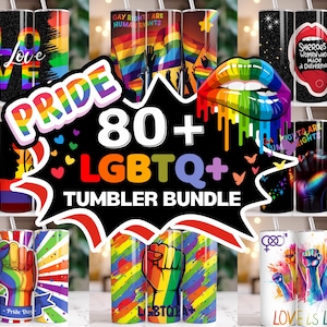 May include: A collection of LGBTQ+ themed tumblers with various designs. Some tumblers feature rainbow colors, the words "Love is Love," and a rainbow fist. Other tumblers display the text "Gay Rights are Human Rights" and "Sheroes Women Who Made a Difference."