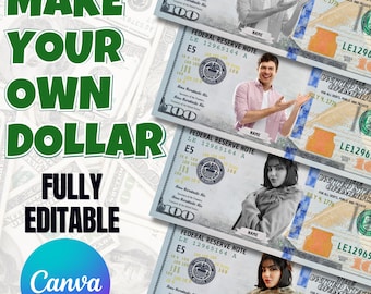 Modelo de nota de dólar personalizado editável no Canva | Adicione seu rosto e nome | Presente engraçado para festa com dinheiro para impressão