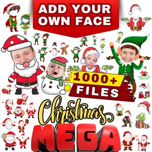 May include: A festive Christmas-themed graphic with the text "ADD YOUR OWN FACE" and "1000+ FILES". The image features Santa Claus, elves, and a snowman, with the word "Christmas" and "MEGA" in large letters.