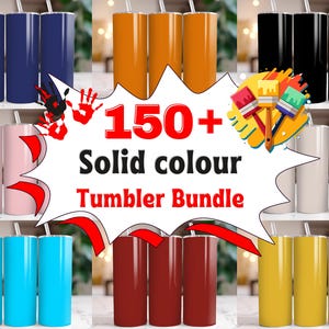 May include: A collection of solid-colored tumblers in various colors, including navy blue, orange, black, pink, light blue, burgundy, and yellow. Each tumbler has a silver straw. The image includes text that reads "150+ Solid colour Tumbler Bundle."