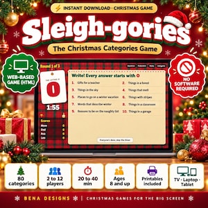 May include: A digital Christmas game titled Sleigh-gories displayed on a laptop screen. The interface shows a round with the letter O, a timer, and ten categories to complete. The background features red plaid patterns, ornaments, and text.