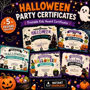May include: A set of five printable Halloween party certificates featuring colourful illustrations of ghosts, pumpkins, bats, and haunted houses. The text includes titles like Halloween Party Certificates, Scariest Costume, Best Pumpkin, Funniest Costume, Best Costume, and Party Winner.