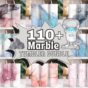 May include: A collection of 110+ marble tumbler designs. The tumblers feature various colors and patterns, including pink, blue, and gray, with a glossy finish. Each tumbler has a straw. The image includes the text "110+ Marble TUMBLER BUNDLE".
