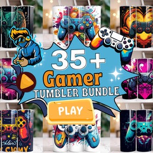 May include: A collection of stainless steel tumblers with various video game controller designs. The tumblers feature vibrant colors and graphics, including the text "35+ Gamer Tumbler Bundle" and the word "PLAY". Each tumbler has a straw.