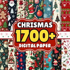 Puede incluir: Una colección de papeles digitales con temática navideña con varios patrones, incluyendo hombres de jengibre, Papá Noel, árboles de Navidad y bastones de caramelo. La imagen presenta el texto "CHRISMAS 1700+ DIGITAL PAPER".