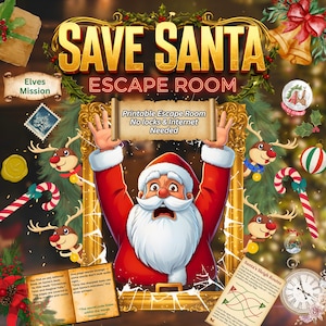 May include: A festive illustration for a Christmas-themed escape room game. The image features Santa Claus with a surprised expression, surrounded by reindeer, candy canes, and holiday decorations. Text reads "Save Santa Escape Room".