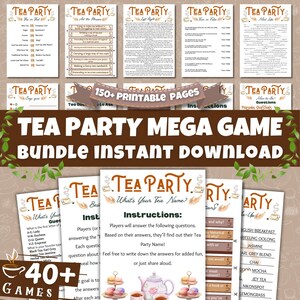 May include: A brown and white graphic with the text "TEA PARTY MEGA GAME BUNDLE INSTANT DOWNLOAD" in large, bold letters. The graphic features images of teacups, teapots, and tea bags. There are also several smaller images of game cards with various tea-themed questions and activities.