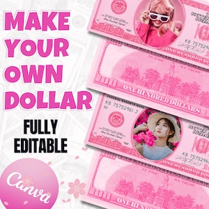 Rosa anpassad dollarsedel Canva-mall Lägg till ditt ansikte och namn | Redigerbar utskrivbar pengar för möhippa Barbie-fest | Direkt nedladdning