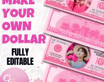 Pink Custom Dollar Bill Canva Template Add Your Face and Name | Editable Printable Money for Bachelorette Pink Party | Instant Download