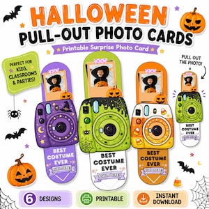 以下が含まれることがあります： 紫、緑、オレンジのカメラ型デザインのハロウィン用引き出し式フォトカード。カボチャ、クモの巣、キャンディコーンのモチーフが描かれています。各カードには「Best Costume Ever」と書かれた引き出しタブと写真用スロットが付いています。
