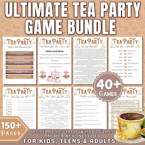 May include: A set of printable tea party games for kids, teens, and adults. The games are illustrated with a teapot, teacups, and lemons. The text on the image reads "Ultimate Tea Party Game Bundle", "40+ Games", "150+ Pages", and "Printable Instant Download Games Answer Key Included".
