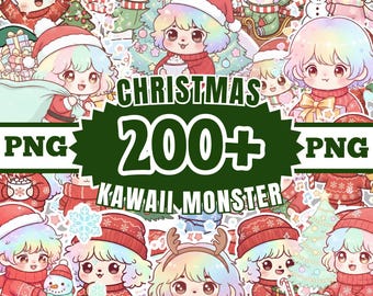 May include: A collection of colorful Kawaii Monster Christmas-themed PNG images. The images feature cute characters in Santa hats and winter attire, with text that reads "Christmas 200+ PNG" and "Kawaii Monster".