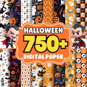 Puede incluir: Una colección de papeles digitales con temática de Halloween con varios patrones, incluyendo calabazas, murciélagos, arañas y calaveras. La imagen presenta el texto "HALLOWEEN 750+ DIGITAL PAPER" en naranja y amarillo, junto con personajes de vampiros de dibujos animados.