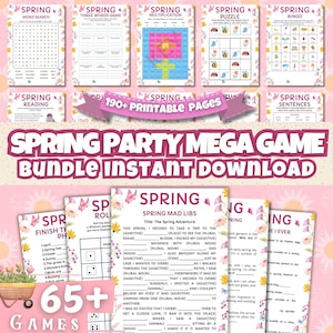 May include: A collection of printable spring-themed games and activities, including word searches, puzzles, and Mad Libs. The bundle features over 65 games and 190 printable pages, with colorful designs and spring-related graphics.