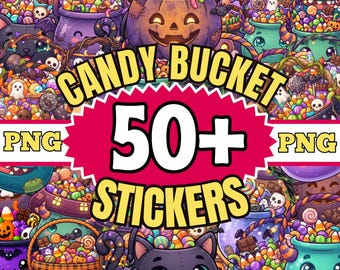 Halloween Candy Bucket PNG Bundle, 50+ Cute Spooky Sticker Designs for Decor and Seasonal