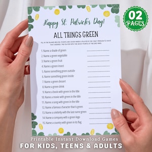 All Things Green St. Patrick&#39;s Day Game | Fun Irish Trivia & Word Challenge | St. Paddy&#39;s Party Game | Kids and Adults Printable Activity