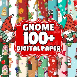 以下が含まれることがあります： クリスマスをテーマにしたデジタルペーパーのコレクション。ノーム、木、お祝いのパターンが特徴です。画像には、赤と白のデザインで「Gnome 100+ Digital Paper」というテキストが含まれています。さまざまなお祝いの背景が表示されます。