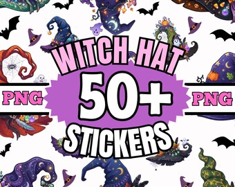 Halloween Witch Hat PNG Bundle, 50+ Whimsical Sticker Designs for Pillows and Seasonal