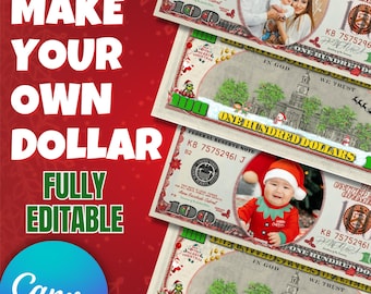 Custom Christmas Dollar Bill Canva Template – Add Your Photo, Editable Front & Back 100, Printable Novelty Money Prop, Instant Download
