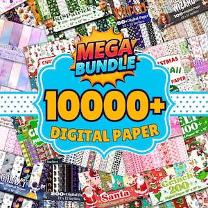 May include: A collection of digital paper packs with various themes, including Halloween, St. Patrick's Day, and Christmas. The image features a large blue and yellow graphic that reads "MEGA BUNDLE 10000+ DIGITAL PAPER". Each paper pack is 12 x 12 inches.