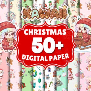 Puede incluir: Una colección de papeles digitales con temática navideña con ilustraciones Kawaii. Los papeles presentan varios patrones con personajes lindos, decoraciones navideñas y el texto "Christmas 50+ Digital Paper". La paleta de colores incluye rosa, verde y rojo.