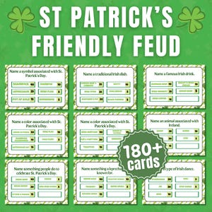 Könnte beinhalten: Ein Set mit über 180 Spielkarten zum Thema St. Patrick's Day für ein freundliches Fehdespiel. Die Karten sind grün und weiß mit einem Kleeblatt-Design. Jede Karte enthält eine Frage und eine Liste von Antworten mit Punkten, die jeder Antwort zugewiesen werden. Die Fragen umfassen Themen wie Symbole, die mit St. Patrick's Day verbunden sind, traditionelle irische Gerichte, berühmte irische Getränke, Farben, die mit St. Patrick's Day verbunden sind, Tiere, die mit Irland verbunden sind, Dinge, die Menschen tun, um St. Patrick's Day zu feiern, und Dinge, für die ein Kobold bekannt ist.