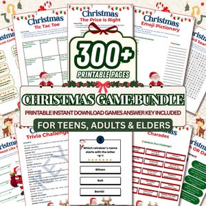 May include: A collection of Christmas-themed printable games, including trivia, charades, and emoji pictionary. The bundle includes over 300 pages of activities for teens, adults, and elders. The cover features festive decorations and the text "Christmas Game Bundle".