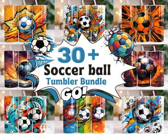 May include: A selection of soccer ball tumblers with diverse designs. The tumblers display vivid graphics of soccer balls against colourful backgrounds. Text on the image reads "30+ Soccer ball Tumbler Bundle GO!"