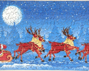 New Hand Cut Wooden 221-piece Christmas Jigsaw Puzzle in Plywood Box.  Free Shipping in US.