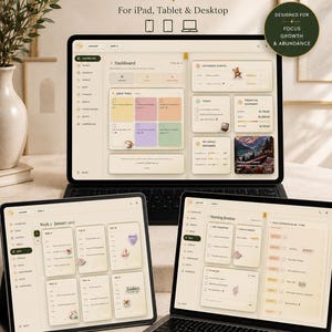 May include: The EASEONME 2027 digital planner displayed on a tablet and laptop screen. The interface features a dashboard, weekly schedule, and morning routine with soft beige tones, organized sections for notes, financial snapshots, and daily tasks.