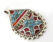 Tibetan silver pendant inlaid with turquoise and coral - ethnic nepal pendant Tibetan pendant PM079A