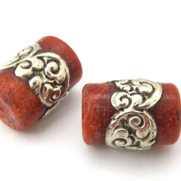 1 BEAD - Tibetan coral bead encased in tibetan silver band -  BD913