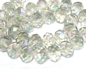 4  beads - Beautiful Large 15-16 mm size Faceted rondelle shape clear shiny color AB crystal glass beads - AB053K