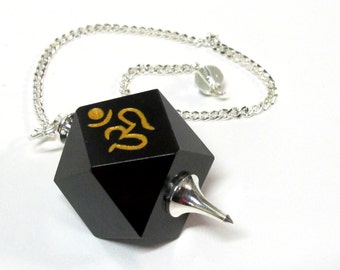 1 pendant - Black agate multi faceted healing gemstone crystal Om pendulum pendant  - PM542