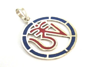 1 pendant - Tibetan Om Round shape  with lapis coral inlay - PM540B
